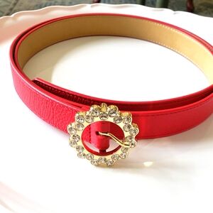 Talbots Red Belt with Gold and Crystal Buckle